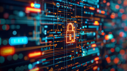 Obraz premium A visual representation of digital security featuring a glowing padlock and intricate circuitry, symbolizing the importance of cybersecurity in the digital age.