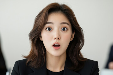 Korean business woman with surprised expression while holding a  cell phone