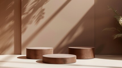 Three Minimalist Red Toned Round Podiums for Product Presentation on Empty Background. Ideal for E-commerce and Advertising Displays, Showcasing Minimalist Style and Elegance