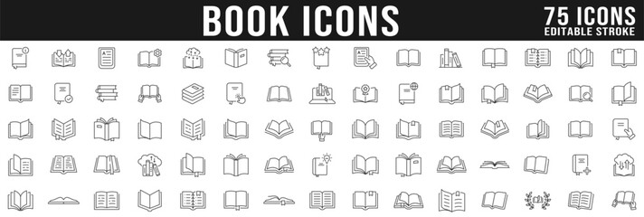 Book line icon big set. Library, diary, open book, pages, bookmark, magazine, ebook etc. Editable stroke