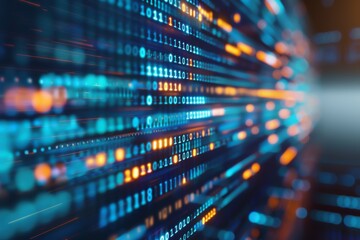 Naklejka premium A vibrant digital representation of binary code flowing in a futuristic setting, showcasing data transmission and technology's core elements
