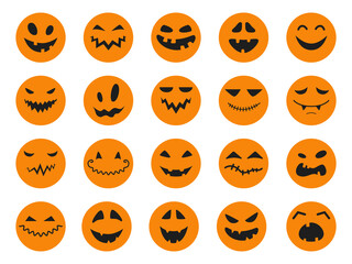 Collection of funny and scary round orange stickers with a faces for Halloween. Illustration on transparent background