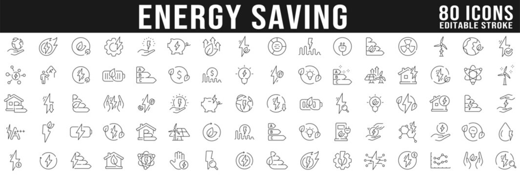 Big set of energy savings line icons. Energy, power, save, electric etc. Editable stroke