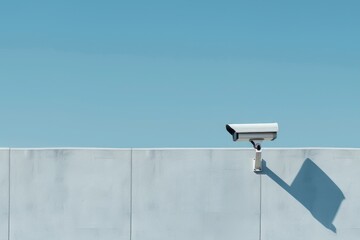 A security camera mounted on a white wall under a clear blue sky, symbolizing surveillance and safety in modern environments