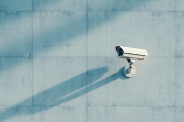 A security camera mounted on a smooth concrete wall, casting a long shadow, highlighting its role in surveillance and monitoring