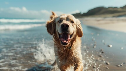 A joyful golden retriever splashes through the water on a beach, radiating happiness and energy in a sunny, picturesque setting