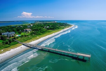 Aerial View of Isle Of Palms, SC: Coastal Landscape with Beach and Pier in South Carolina