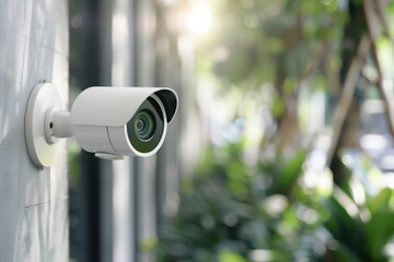 A white security camera mounted on a wall, surrounded by greenery, capturing an outdoor scene with natural light filtering through.
