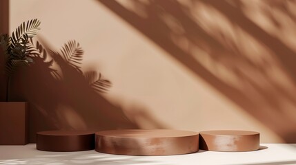 Fototapeta premium Three Minimalist Red Toned Round Podiums for Product Presentation on Empty Background. Ideal for E-commerce and Advertising Displays, Showcasing Minimalist Style and Elegance