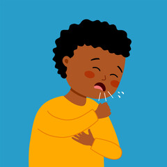 Cute black boy is coughing in flat design. Sick kid suffering from sore throat.