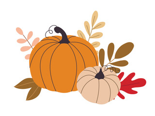 autumn pumpkins and forest leaves and berries isolated on white background