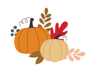 autumn pumpkins and forest leaves and berries isolated on white background