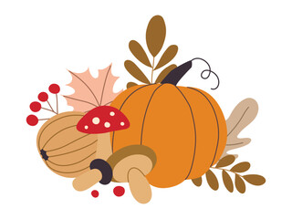 autumn pumpkins and forest leaves and berries isolated on white background