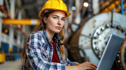 A woman wearing a yellow hard hat and a red shirt is sitting at a laptop