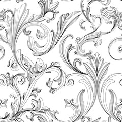 Seamless pattern with vintage baroque ornament hand drawn. Isolate on white illustration.