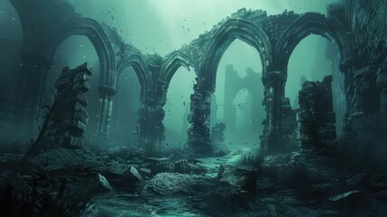 Expansive underwater view of Atlantis city with ancient columns and submerged structures. Mystical and adventurous underwater scene.