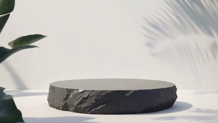 Tropical product podium set. Minimalist styling with black stone pedestal surrounded by greenery in bright room