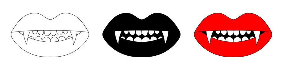 Female lips with vampire teeth. Vector illustration isolated on white background.