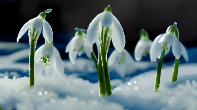 Close-up of snowdrops with falling snowflakes.