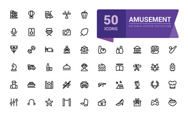 Amusement icon collection. Set of outline icons related to entertainment. Linear icon collection. Editable vector stroke.