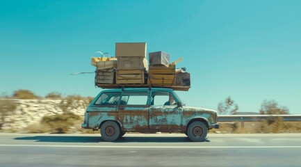 Fototapeta premium 3D rendering of a small retro car carrying lots of boxes on the roof
