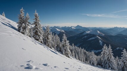 Snow-covered hill slopes down into valley, framed by frost-kissed trees, distant mountain peaks. Sunlight bathes serene landscape, casting soft shadows on untouched snow.