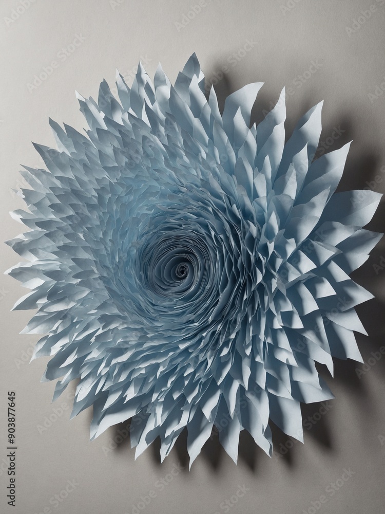 Poster meticulously crafted paper sculpture resembles spiraling vortex with layers of pointed paper element