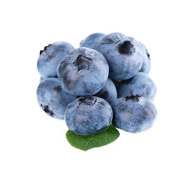 Fresh blueberry with green leaves, isolated on white background. Bilberry or whortleberry berries. Clipping path.