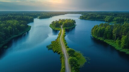 Aerial View of a Winding Road Through a Lake