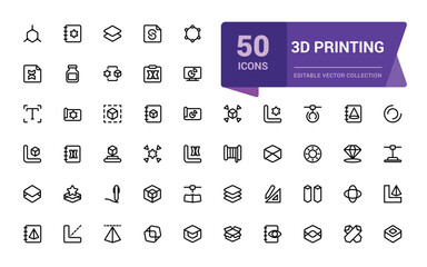 3D printing outline icon set. Print technology editable stroke line symbols. Computer aided design (CAD), digital model, rapid prototyping icon collection.