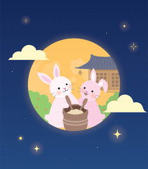 밤 하늘 보름달 안 절구 찧는 토끼 추석 일러스트 © hwikyung