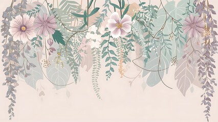 A beautiful boho illustration background adorned with floral and nature decorations in soft pastel colors. 2d vector illustration style.