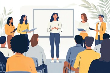 Happy beautiful woman making presentation standing in front of diverse audience. Psychologist or coach talking to group of young and mature people. of company workers listening to female speaker, ai