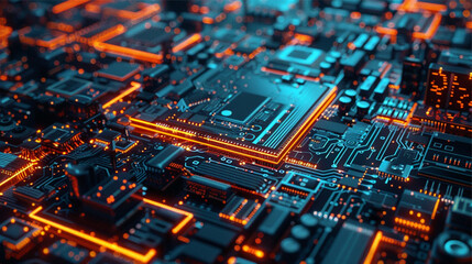 3d rendering. Futuristic cyberpunk city with glowing electronic circuit board.