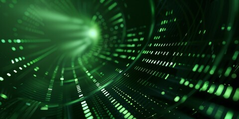 A green digital abstract tunnel with light streaks, representing futuristic technology and data flow.