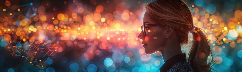 Blonde woman with glasses looking at a colorful background, Women and Girls in science