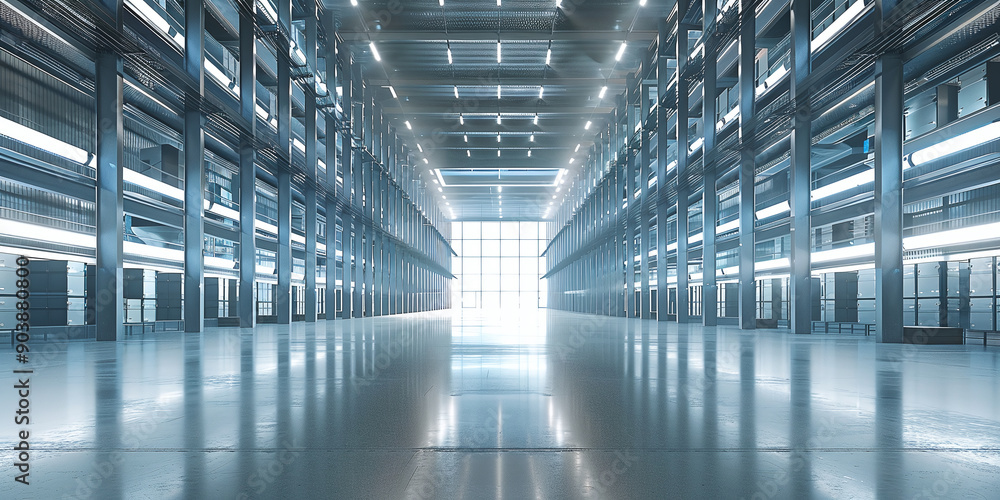 Poster advanced warehouse automation: hyper-realistic 3d rendering of agvs in a high-tech logistics environ