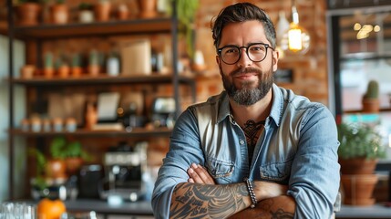Obraz premium Portrait of a man with a beard and tattoos.