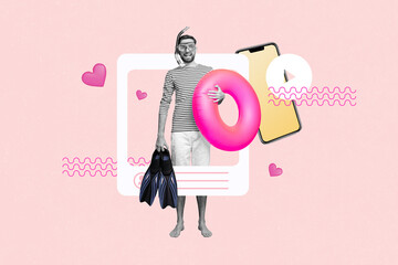 Composite artwork collage of app image frame blogger like profile summer vacation young man stand...