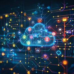 Abstract digital cloud computing network with icons and connections