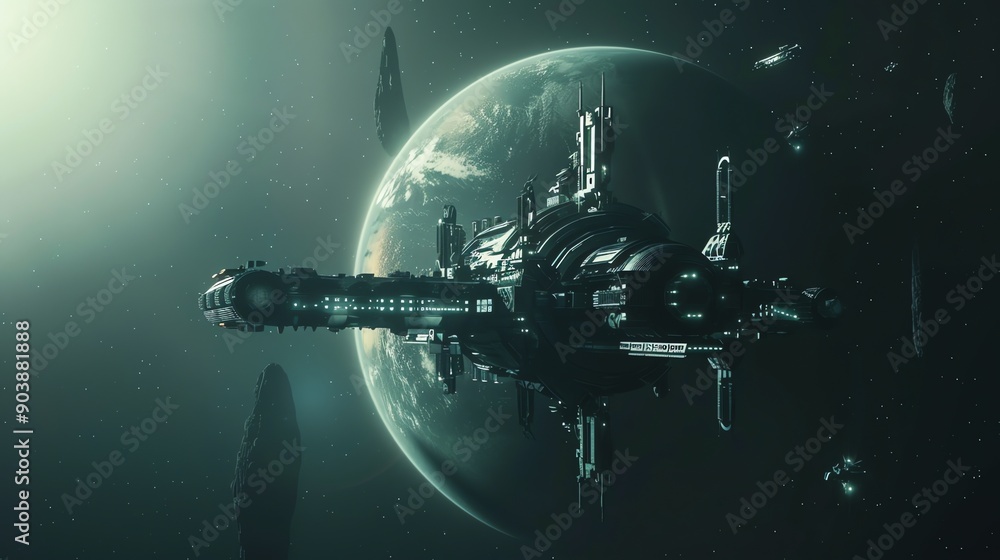 Poster a large spaceship in orbit around a planet.