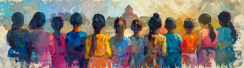 Fototapeta premium An oil painting of a group of girls standing confidently in front of a historical landmark, representing aspirations and leadership (International Day of the Girl)