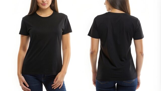 Girl wearing blank black tshirt for mockup clothing female,generative ai 
