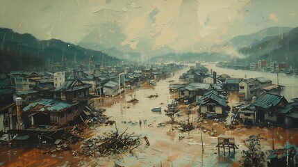Obraz premium An oil painting in muted tones showing a community rebuilding after a natural disaster, with a focus on resilience (International Disaster Reduction Day)