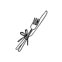 fork and knife tied with thin ribbon or rope - hand drawn doodle