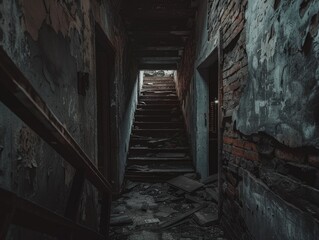 Obraz premium A dimly lit hallway with stairs leading up to an open door, great for eerie or mysterious scenes