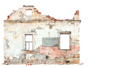 An old, dilapidated house with crumbling walls and exposed bricks, representing decay and abandonment in an urban setting.