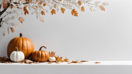 White autumn background with leaves, pumpkins and copy space. White autumn composition