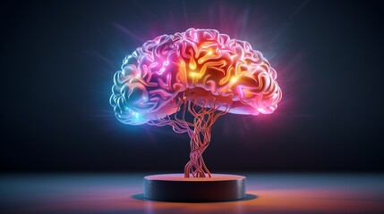 colorful glowing human brain tree with dark copy space background. generated ai