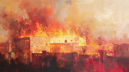 Fototapeta premium Tisha B’Av. The destruction of the Temple of Jerusalem engulfed in flames